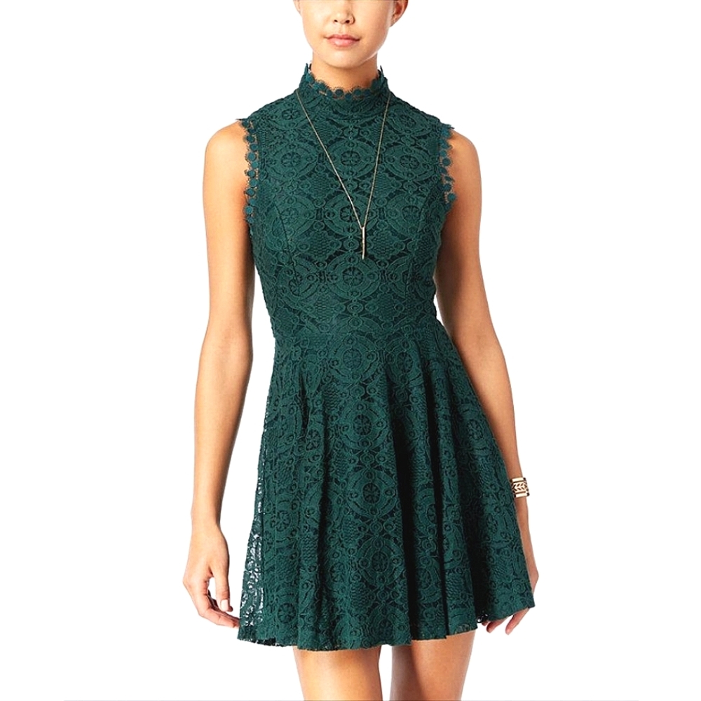 Mock Neck Lace Green Fit and Flare Dress
